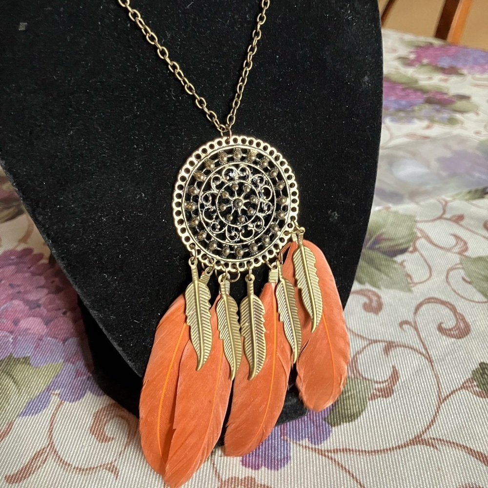 Gold and Orange Dreamcatcher Necklace